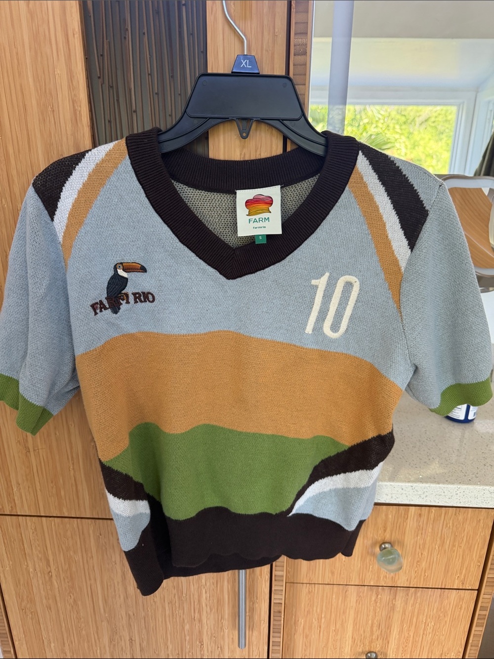 FARM Rio Colorblock V-Neck Short Sleeve Tee in Light Blue, Green & Tan